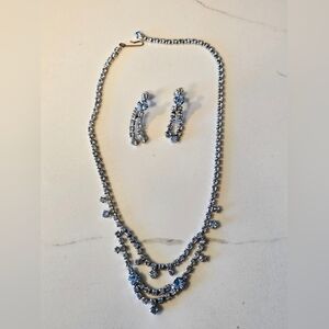 Vintage Ice Sky Blue Rhinestone Necklace & Dangle Screw-back Earrings